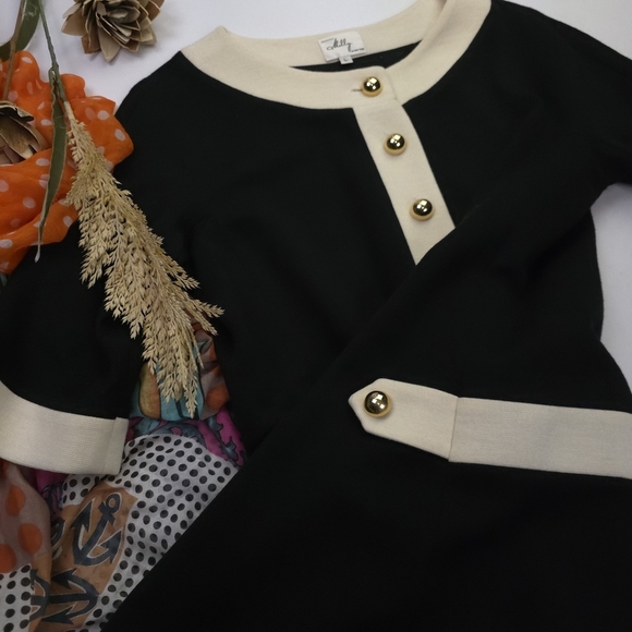 Milly Black Dress with Cream Accents and Gold Buttons Sz L - Picture 6 of 10